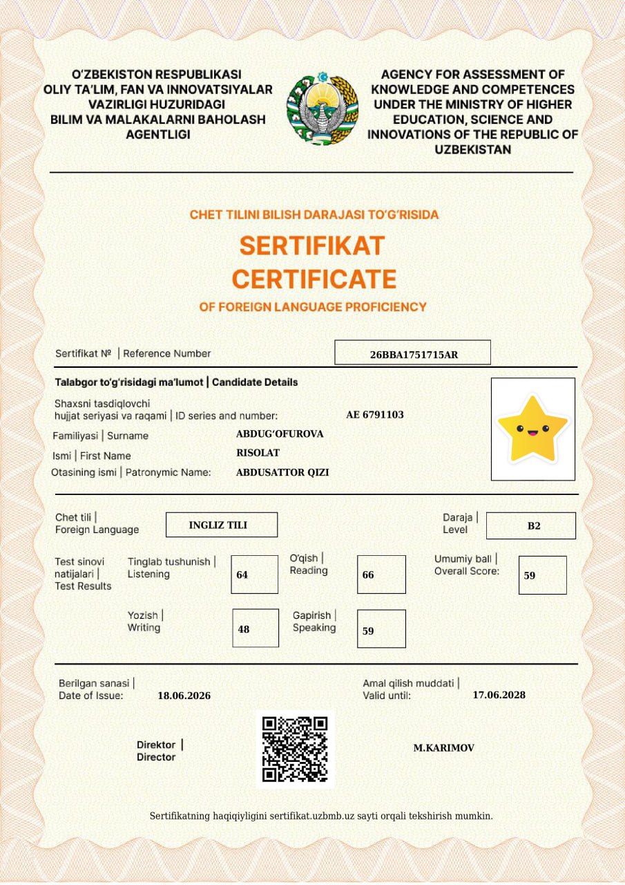 Abdug'ofurova Risolat sertifikati