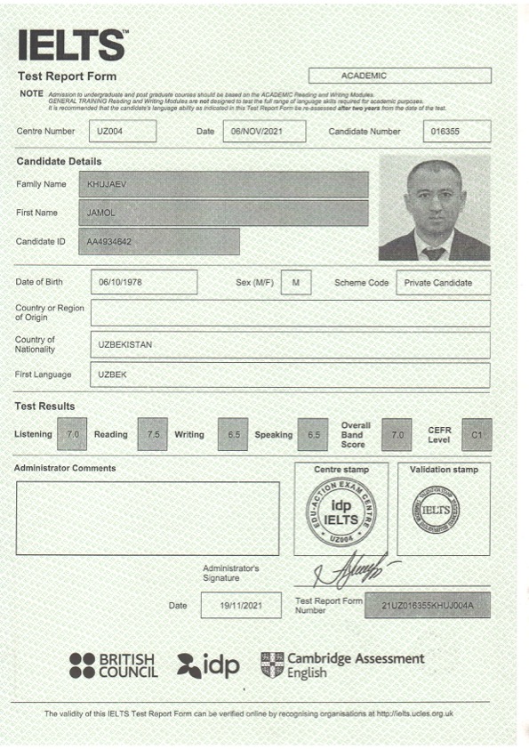 Xo'jayev Jamol sertifikati