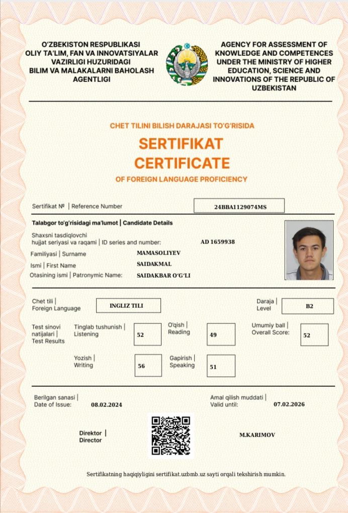 Mamasoliyev Saidakmal sertifikati