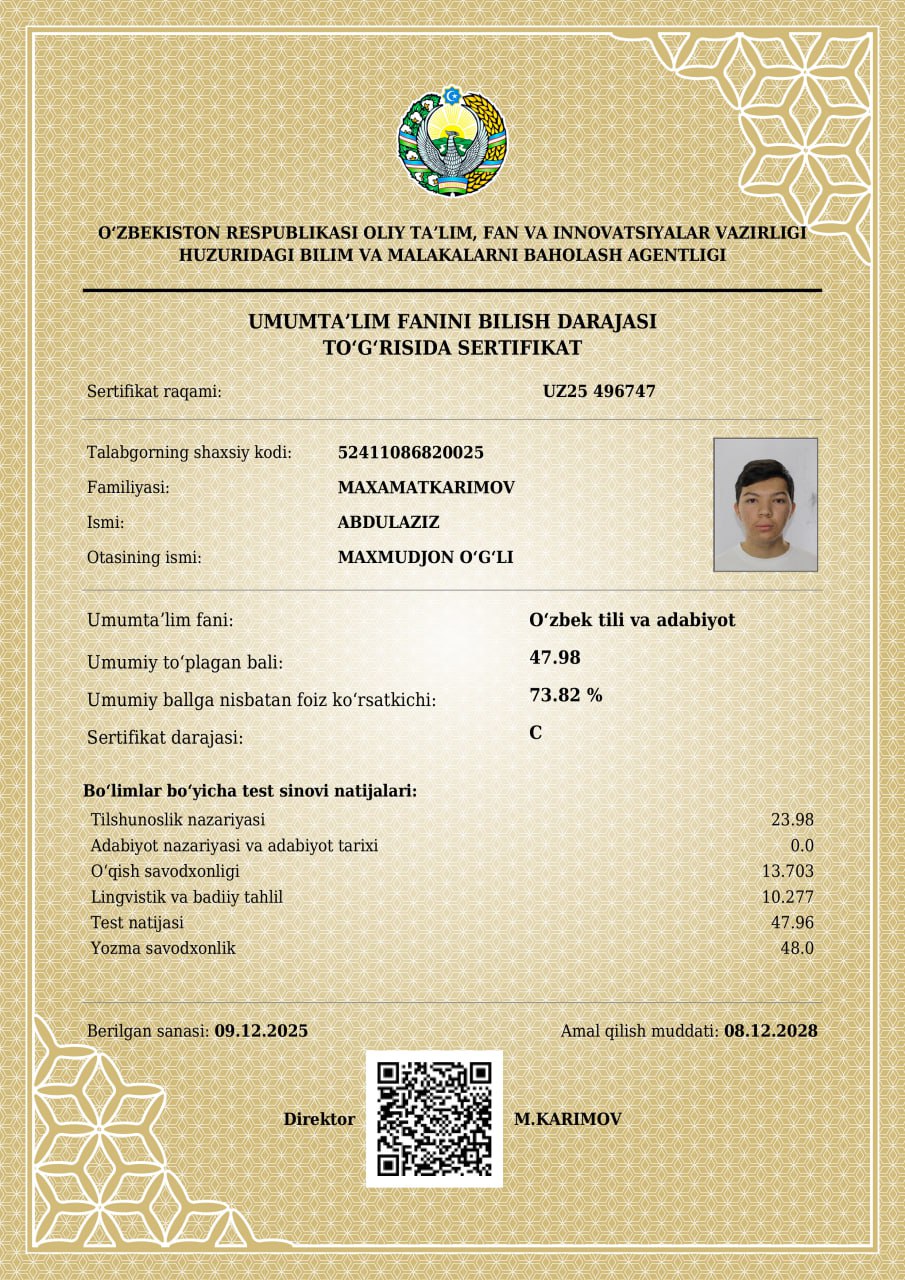 Maxmatkarimov Abdulaziz sertifikati
