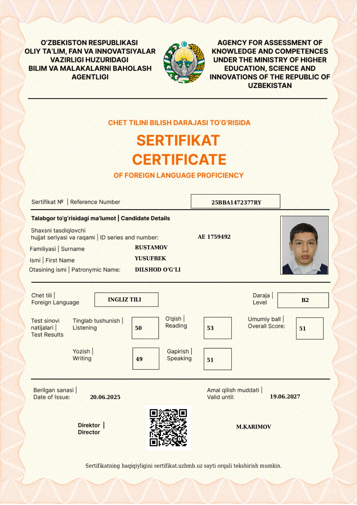 Rustamov Yusufbek sertifikati